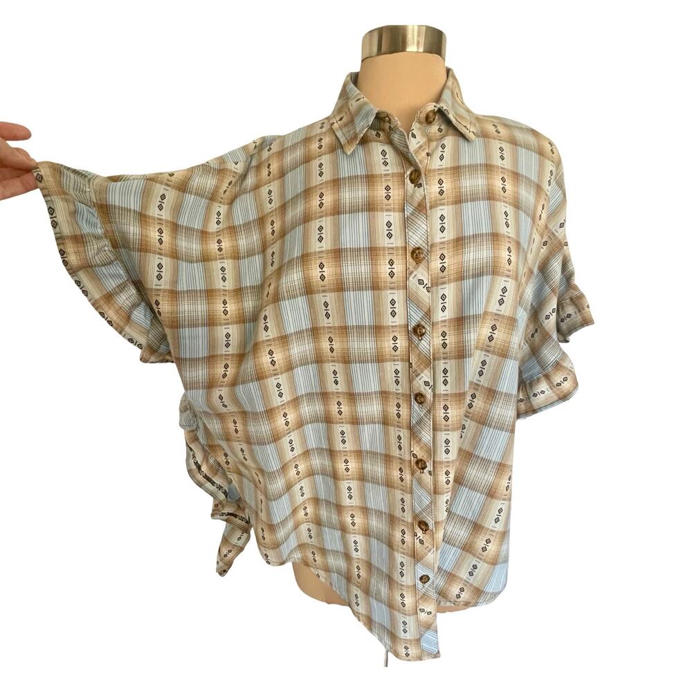 Ivy Jane Plaid Poncho Style Button Down Shirt Sz S/M Ruffle Boho Western Cowgirl
